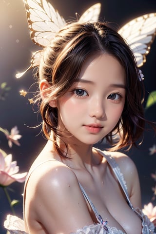 1 girl, most beautiful korean girl, Korean beauty model, stunningly beautiful girl, gorgeous girl, 20yo, over sized eyes, big eyes, smiling, looking at viewer, a girl with a lotus with a star haori, in a town, Detailed Textures, high quality, high resolution, high Accuracy, realism, color correction, Proper lighting settings, harmonious composition, kochou shinobu, butterfly hair ornament, purple eyes, multicolored hair, short hair, parted bangs, forehead, waist up shot