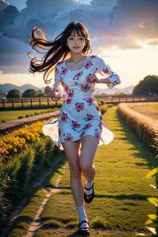 masutepiece, Best Quality, Ultra-detailed, finely detail, hight resolution, 8K Wallpaper, Perfect dynamic composition, Natural Color Lip,(Wearing a floral-patterned dress :1.3),(Longhair:1.3),drawn action: (the girl must be happily running around the field with a Shiba Inu,basking in the evening sun:1.4),I want to convey the happily atmosphere,(The wind blows her long hair:1.4), masutepiece, Best Quality, Ultra-detailed, finely detail, hight resolution, 8K Wallpaper, Perfect dynamic composition, Natural Color Lip,(Wearing a floral-patterned dress :1.3),(Longhair:1.3),drawn action: (the girl must be happily running around the field with a Shiba Inu,basking in the evening sun:1.4),I want to convey the happily atmosphere,(The wind blows her long hair:1.4), 1 girl, most beautiful korean girl, Korean beauty model, stunningly beautiful girl, gorgeous girl, 18yo, over sized eyes, big eyes, smiling, looking at viewer, (smile:1.3), full body shot, colorful_girl_v2,(smile:1.3),full body shot,colorful_girl_v2,masterpiece