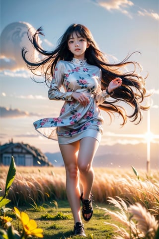 masutepiece, Best Quality, Ultra-detailed, finely detail, hight resolution, 8K Wallpaper, Perfect dynamic composition, Natural Color Lip,(Wearing a floral-patterned dress :1.3),(Longhair:1.3),drawn action: (the girl must be happily running around the field with a Shiba Inu,basking in the evening sun:1.4),I want to convey the happily atmosphere,(The wind blows her long hair:1.4), 1 girl, most beautiful korean girl, Korean beauty model, stunningly beautiful girl, gorgeous girl, 18yo, over sized eyes, big eyes, smiling, looking at viewer, (smile:1.3), full body shot, colorful_girl_v2,masterpiece
