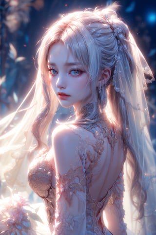 (((masterpiece))),  (((best quality))),  ((ultra-detailed)),  (illustration),((an extremely delicate and beautiful)),(detailed light),((wedding dress)),mature female,white hair,long_hair,red_eyes,(bloom),jingliu \(honkai: star rail\),pony_tail,looking at viewer,Realism,Detailedface