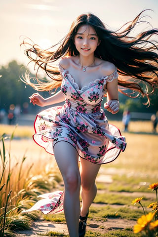masutepiece, Best Quality, Ultra-detailed, finely detail, hight resolution, 8K Wallpaper, Perfect dynamic composition, Natural Color Lip,(Wearing a floral-patterned dress :1.3),(Longhair:1.3),drawn action: (the girl must be happily running around the field with a Shiba Inu,basking in the evening sun:1.4),I want to convey the happily atmosphere,(The wind blows her long hair:1.4), 1 girl, most beautiful korean girl, Korean beauty model, stunningly beautiful girl, gorgeous girl, 18yo, over sized eyes, big eyes, smiling, looking at viewer, (smile:1.3), full body shot, colorful_girl_v2