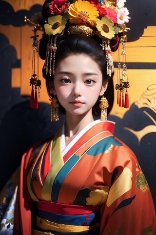 1 girl, beautiful korean girl, looking at viewer, over sized eyes, big eyes, smiling, (RAW photo, best quality), (real, photo real: 1.3), detailed face + eyes, casual pose, elegant, stunning Japanese traditional costume oiran, gorgeous hair accessories, phoenix eyes, cool, Disdainful look, fractal art, bright colors, beautiful Japanese supermodel wearing clogs, radiant, perfect custom gorgeous floral embroidery pattern suit, custom design, cowboy shot,  floral print,masterpiece