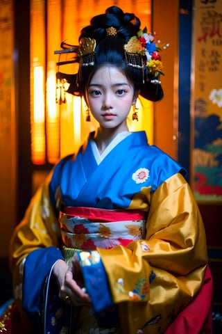 1 girl, most beautiful korean girl, Korean beauty model, idol face, gorgeous girl, 18yo, over sized eyes, big eyes, smiling, looking at viewer, (RAW photo, best quality), (real, photo real: 1.3), detailed face + eyes, casual pose, elegant, stunning Japanese traditional costume oiran, gorgeous hair accessories, phoenix eyes, cool, Disdainful look, fractal art, bright colors, beautiful Japanese supermodel wearing clogs, radiant, perfect custom gorgeous floral embroidery pattern suit, custom design, cowboy shot,  floral print,masterpiece,best quality