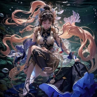 a Guanyin girl, wearing tulle, underwater