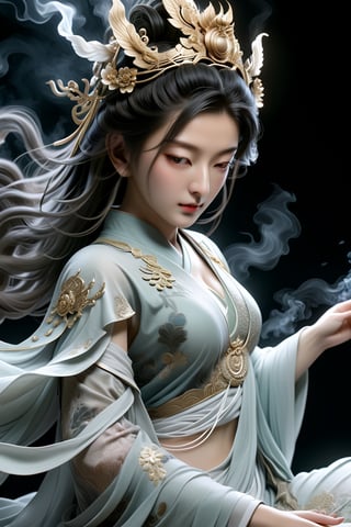 a Guanyin girl, [a white lighting translucent phantom made of smoke], intricate design, photorealistic, hyperrealistic, high definition, extremely detailed, cinematic, UHD, HDR, 32k, ultra hd, realistic, dark muted tones, highly detailed, perfect composition, beautiful detailed intricate insanely detailed octane render, trending on artstation,ghost person,Flat vector art,Magical Fantasy style,NIJI STYLE,huayu,SakimiStyle,MikieHara