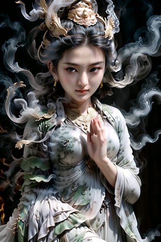 a Guanyin girl, [a white lighting translucent phantom made of smoke], intricate design, photorealistic, hyperrealistic, high definition, extremely detailed, cinematic, UHD, HDR, 32k, ultra hd, realistic, dark muted tones, highly detailed, perfect composition, beautiful detailed intricate insanely detailed octane render, trending on artstation,ghost person,Flat vector art