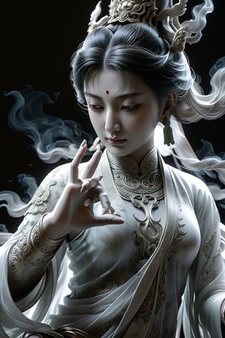 a Guanyin girl, [a white lighting translucent phantom made of smoke], intricate design, photorealistic, hyperrealistic, high definition, extremely detailed, cinematic, UHD, HDR, 32k, ultra hd, realistic, dark muted tones, highly detailed, perfect composition, beautiful detailed intricate insanely detailed octane render, trending on artstation,ghost person,Flat vector art