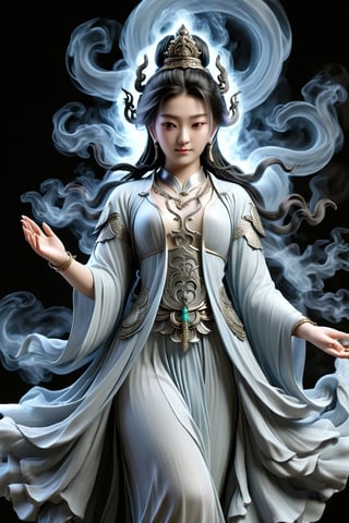 a Guanyin girl, [a white lighting translucent phantom made of smoke], intricate design, photorealistic, hyperrealistic, high definition, extremely detailed, cinematic, UHD, HDR, 32k, ultra hd, realistic, dark muted tones, highly detailed, perfect composition, beautiful detailed intricate insanely detailed octane render, trending on artstation,ghost person,Flat vector art,Magical Fantasy style