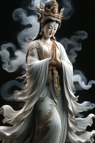 a Guanyin girl, [a white lighting translucent phantom made of smoke], intricate design, photorealistic, hyperrealistic, high definition, extremely detailed, cinematic, UHD, HDR, 32k, ultra hd, realistic, dark muted tones, highly detailed, perfect composition, beautiful detailed intricate insanely detailed octane render, trending on artstation,ghost person,Flat vector art