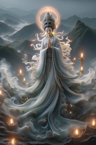 a Guanyin woman, [a white lighting translucent phantom made of smoke], intricate design, photorealistic, hyperrealistic, high definition, extremely detailed, cinematic, UHD, HDR, 32k, ultra hd, realistic, dark muted tones, highly detailed, perfect composition, beautiful detailed intricate insanely detailed octane render, trending on artstation,ghost person,Flat vector art,Magical Fantasy style,NIJI STYLE,huayu,SakimiStyle,MikieHara,Anime ,chibi,alienzkin