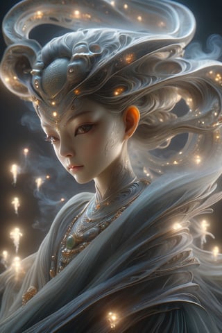 a Guanyin woman, [a white lighting translucent phantom made of smoke], intricate design, photorealistic, hyperrealistic, high definition, extremely detailed, cinematic, UHD, HDR, 32k, ultra hd, realistic, dark muted tones, highly detailed, perfect composition, beautiful detailed intricate insanely detailed octane render, trending on artstation,ghost person,Flat vector art,Magical Fantasy style,NIJI STYLE,huayu,SakimiStyle,MikieHara,Anime ,chibi,alienzkin