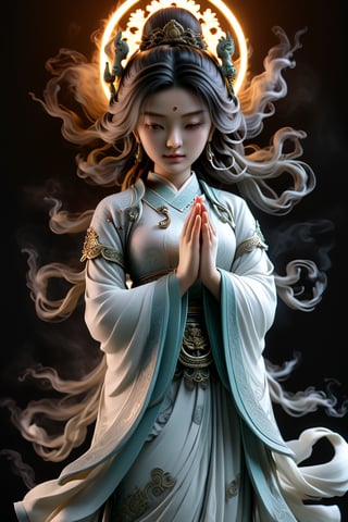 a Guanyin girl, [a white lighting translucent phantom made of smoke], intricate design, photorealistic, hyperrealistic, high definition, extremely detailed, cinematic, UHD, HDR, 32k, ultra hd, realistic, dark muted tones, highly detailed, perfect composition, beautiful detailed intricate insanely detailed octane render, trending on artstation,ghost person,Flat vector art,Magical Fantasy style,NIJI STYLE,huayu,SakimiStyle,MikieHara,Anime ,chibi,A girl in the wild 