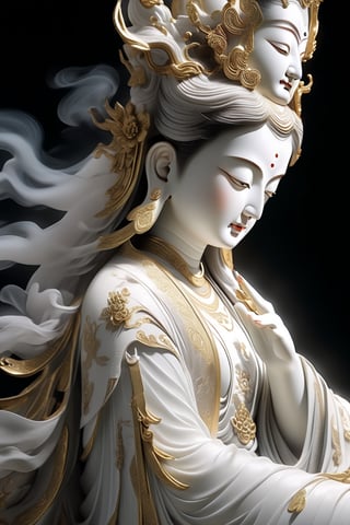 a Guanyin girl, [a white lighting translucent phantom made of smoke], intricate design, photorealistic, hyperrealistic, high definition, extremely detailed, cinematic, UHD, HDR, 32k, ultra hd, realistic, dark muted tones, highly detailed, perfect composition, beautiful detailed intricate insanely detailed octane render, trending on artstation,ghost person,Flat vector art