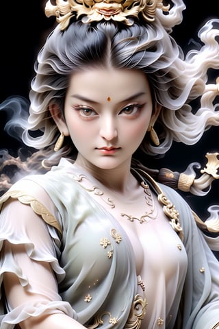 a Guanyin girl, [a white lighting translucent phantom made of smoke], intricate design, photorealistic, hyperrealistic, high definition, extremely detailed, cinematic, UHD, HDR, 32k, ultra hd, realistic, dark muted tones, highly detailed, perfect composition, beautiful detailed intricate insanely detailed octane render, trending on artstation,ghost person,Flat vector art,Magical Fantasy style,NIJI STYLE
