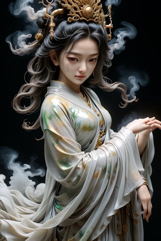 a Guanyin girl, [a white lighting translucent phantom made of smoke], intricate design, photorealistic, hyperrealistic, high definition, extremely detailed, cinematic, UHD, HDR, 32k, ultra hd, realistic, dark muted tones, highly detailed, perfect composition, beautiful detailed intricate insanely detailed octane render, trending on artstation,ghost person,Flat vector art,Magical Fantasy style,NIJI STYLE,huayu,SakimiStyle,MikieHara,Anime ,chibi,A girl in the wild ,more detail XL,cyborg style,oil paint ,dripping paint