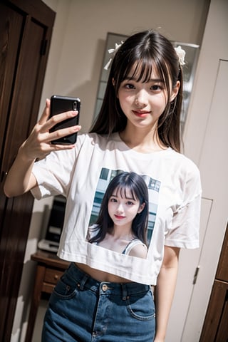 graininess,smile,cold,exposure,FilmGirl, 18_year_old, beautiful_korean_girl, girl in oversize t-shirt custume, realhands, curly_hair, brown-hair,LinkGirl,korean girl,1 girl,iu, small-head, tiny_breasts,little_cute_girl, take selfie and see her phone, shy look