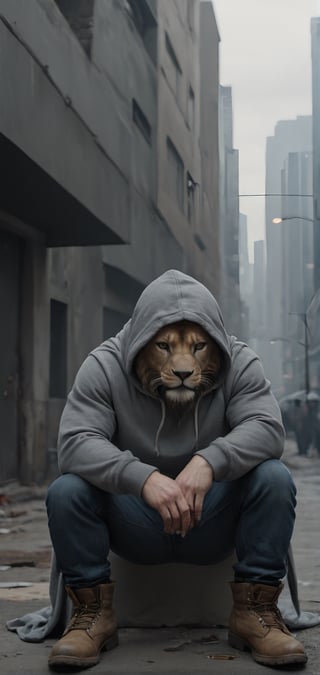 Create a lion man in hoodie leaned on dead body. wearing hoddie and jeans,hood covering his head , smoking , boots, city , outdoors, looking mad, high detailed,photo r3al,Movie Still,