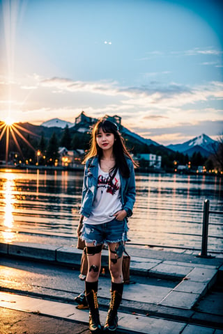 (masterpiece, top quality, best quality,1girls,Korean, beautiful face, long hair, 19 years old, tank top, jacket, shorts, boots, hills, full body view, sunset, christmas style,little_cute_girl,iu