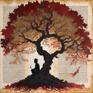 Art by Eric Fan, Calligraphy made of newspaper, silhouette man sitting,
Faded decoupage portrait silhouette man next to oak tree with huge roots,  gilded motifs and ornate borders, elegant, flowing,

faded vibrant colors,

dark-red tones, flickering flames, blaze,

Illuminated manuscript, miniature painting,

highly detailed, intricate details, masterpiece, 