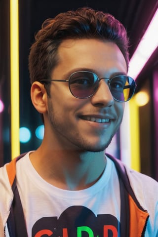 US, A portrait of an 30 years old man  wearing , smile, ((dark glasses on the face)), neon lights reflecting on the face, (((tshirt with the text "CENDRYU"))), on it,coocolor