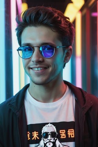 US, A portrait of an 30 years old man  wearing , smile, ((dark glasses on the face)), neon lights reflecting on the face, (((tshirt with the text "CENDRYU"))), on it,coocolor