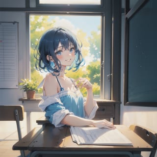 close up of a girl in classroom school,, dark blue long hair,smile,light novel cover art, curly and short top hair, warm azure tones, detailed skin, inspired by Shen Shichong, adorably cute, illustrious,