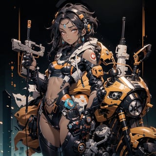 Rebreather, Hoodie, cyberpunk city, (masterpiece), best quality, expressive eyes, perfect face, dark skin, natural perky tits, long black hair, dark-female, (dark_skin), sexy, slim body, sexy wasitline, flat tummy, skinny shoulders, tall, very sexy, crotch tattoo, g-string panty, chocolate coloured skin colour, 