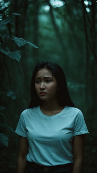 ,full body, Indonesian local girl, crying , cinematic film still of dim light, low light, dramatic light, partially covered in shadow, realistic photo, close-up, close-up shot, plain white t-shirt,, masterpiece, ripped long denim pants, 18 years old, radiating an air of allure and sophisticated charm, with a striking, captivating face, positioned against the backdrop of a busy nighttime fantasy forest, shining leaves, shining flowers,, her gaze piercing into the camera, Low-key lighting , 32k resolution, best quality, high saturation , edgy, photo-real, Style, sky, at dusk,scenery, shallow depth of field, vignette, highly detailed, high budget, bokeh, cinemascope, moody, epic, gorgeous, film grain, grainy, Low-key lighting Style ,neon photography style