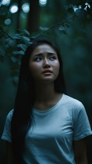 visible from afar ,(((full body))), Indonesian local girl, (((crying_tears))), cinematic film still of dim light, low light, dramatic light, partially covered in shadow, realistic photo, close-up, close-up shot, plain white t-shirt,, masterpiece, ripped long denim pants, 18 years old, radiating an air of allure and sophisticated charm, with a striking, captivating face, positioned against the backdrop of a busy nighttime fantasy forest, shining leaves, shining flowers,, her gaze piercing into the camera, Low-key lighting , 32k resolution, best quality, high saturation , edgy, photo-real, Style, sky, at dusk,scenery, shallow depth of field, vignette, highly detailed, high budget, bokeh, cinemascope, moody, epic, gorgeous, film grain, grainy, Low-key lighting Style ,neon photography style