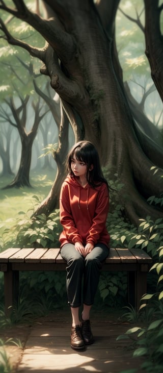 16k, realistic, perfect, dark green forest,1 girl,
,rain, big old tree ,
, long black hair,
,cry,
,little girl, red hoodie, 


,long black loose trousers,

,
, sitting on top old wooden bench,

,, seen from afar,perfecteyes