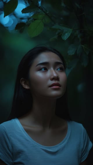 visible from afar ,(((full body))), Indonesian local girl, (((crying_tears))), cinematic film still of dim light, low light, dramatic light, partially covered in shadow, realistic photo, close-up, close-up shot, plain white t-shirt,, masterpiece, ripped long denim pants, 18 years old, radiating an air of allure and sophisticated charm, with a striking, captivating face, positioned against the backdrop of a busy nighttime fantasy forest, shining leaves, shining flowers,, her gaze piercing into the camera, Low-key lighting , 32k resolution, best quality, high saturation , edgy, photo-real, Style, sky, at dusk,scenery, shallow depth of field, vignette, highly detailed, high budget, bokeh, cinemascope, moody, epic, gorgeous, film grain, grainy, Low-key lighting Style ,neon photography style,milk,
