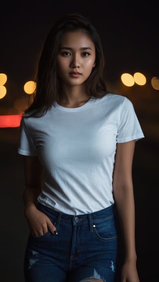 nsfw, ., . , ., slender twenty year old woman, indoneisan local girl face,, feminine pose, perfect breasts, (((full-body_portrait))), faint smile,


,cinematic film still of  dim light, low light, dramatic light, partially covered in shadow, 
realistic photo, close-up, close-up shot,
(((loose white t-shirt))),, masterpiece,., (((ripped long denim pants))),,

,,24 years old, radiating an air of allure and sophisticated charm, with a striking, captivating face, positioned against the backdrop of a busy nighttime highway.,.,

,her gaze piercing into the camera. 

Low-key lighting ,
 32k resolution, best quality, (high saturation:1.1), edgy, photo-real, 
Style,sky, at dusk,scenery, shallow depth of field, vignette, highly detailed, high budget, bokeh, cinemascope, moody, epic, gorgeous, film grain, grainy,Low-key lighting Style,photo r3al,p3rfect boobs,neon photography style
