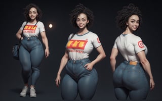 best quality, highres, masterpiece, RAW photo, best quality,  3d, 3d_art, 3d_rendering_image, smooth lighting, nsfw, 1girl, solo, ((28 year old Korean mature female)), ((T-shirt with a deep neckline and skinny jeans)), snrakers, very detailed, tallgirl, sexy, ((sexy pose)), smile, short-hair, chubby_girl, (square_hips:1.5), cameltoe, ((huge breasts:1.3)), venusbody, (white_background:1.5), Pantylines,  (((character design sheet, full body shots, multiple views, full_body, 1_frontal_view, 1_side_view, 1_rear_view))), multiple face suggestions