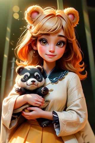 (masterpiece, best quality), (absurdres:1.3), (ultra detailed, ultra high resolution:1.1), 8K, UHD, hyper realistic, photorealistic:1.37, beautiful detailed eyes, beautiful detailed lips, juicy lips, (classic costume lolita :1.5), bright smile, ((holding a cute baby panda bear)), magical aura, powerful aura, mist, whimsical and colorful sun, sunbeams peeking through the trees, soft, dappled light, peaceful atmosphere, magical creature, sparkling fairy dust, soft glow, chinese ink painting, color matching, vibrant tones, intense colors, vibrant colors, chromatic aberration, epic light, beautiful volumetric lighting, bokeh, sharp focus, intricate dreamscapes and hyperrealistic, hyperrealism (bright eyes: 1.3, sensual makeup with orange tones and golden glitter), art by Jean-Gabriel Domergue, a very beautiful, sensual, cheerful woman, ((25-year-old woman)), perfect body with ideal proportions , very strong features, very long eyelashes, a detailed painting in ultra high definition, shiny, beautiful, splattered, shimmering, filigree, edge lighting, extremely fluffy, magical, surreal, fantasy, fairy tale, digital art, by wlop, by artgerm, (junji ito style: 1.3), (Andrei Belichenko style: 1.3), (extra wide shot: 1.6), soft skin, hyperrealistic background,more detail ,photorealistic,disney pixar style