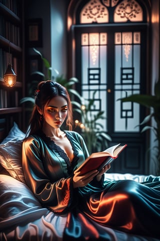 Cinematic, intricately detailed image of a beautiful woman reading a book in bed wearing silk night gown, UHD, 8k, sharp focus, intrincate, Epic light, flawless, flowy hair,  detailed features,  relaxed pose, cute bedroom, yulia brodskaya style room with lots of house plants, natural filted light through the window, gothic style,huayu,more detail XL,fire element