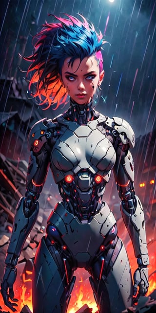A humanoid robot with visible cybernetic parts and a beautiful female face, ((punk haircut with mohawk)). Its torso and hips are covered in poncho with geometric embroidery. It is patrolling in the destroyed megalopolis during the rain. Modelling light. High details, Rembrandt lighting. High details. Octane render. Artstation, retroartstyle, intense and vibrant colors, chromatic aberration, UHD, 8K, chaotic volumetric light, neon lights, sci-fi horror film, highly detailed, intricate, powerful aura, foggy atmosphere, fog, fire, horror, darkness, sharp focus, bokeh