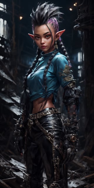 zelda, sexy and beautiful, super long black hair, (punk haircut with mohawk and braids), pointy ears, blue shirt, long sleeves, fingerless gloves, black gloves, black pants, tight pants, (hip hop outfit), blue nails, looking at the camera smile, blushing, UHD, 8K, highly detailed masterpiece, beautiful volumetric lighting, epic light, intricate, sharp focus, bokeh, rich colors, vibrant colors, chromatic aberration, pop culture art, neonpunk, Black,line,photorealistic,oil painting