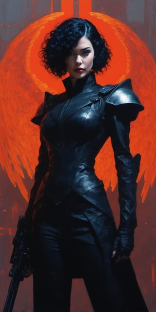 (by Loish, Leyendecker, james gilleard),  A full body shot of a young goth woman, short black curly hair, slightly smiling, one raised eyebrow, wearing a black metal cyborg suit , red lips, dark eye makeup, dark future battlefield background, ,heavy_jacket,Fire Angel Mecha,ink ,Movie Poster,night city