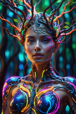 masterpiece, abstract art, sharp focus, intricate, epic light, very intense colors, vibrant colors, chromatic aberration, beautiful volumetric lighting, UHD, 8K, a very beautiful and sexy woman transforming into a tree with neon branches, (past: nature), (present: human), (future: AI), ((fusion of past, present and future)), creation of AI, science fiction, neural circuits, neon lights, uncertain future, source code, human thinking, high technology, (full body),more detail XL