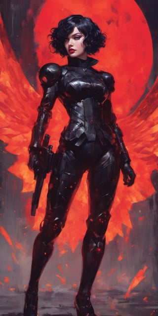 (by Loish, Leyendecker, james gilleard),  A full body shot of a young goth woman, short black curly hair, slightly smiling, one raised eyebrow, wearing a black metal cyborg suit , red lips, dark eye makeup, dark future battlefield background, ,heavy_jacket,Fire Angel Mecha,ink ,Movie Poster