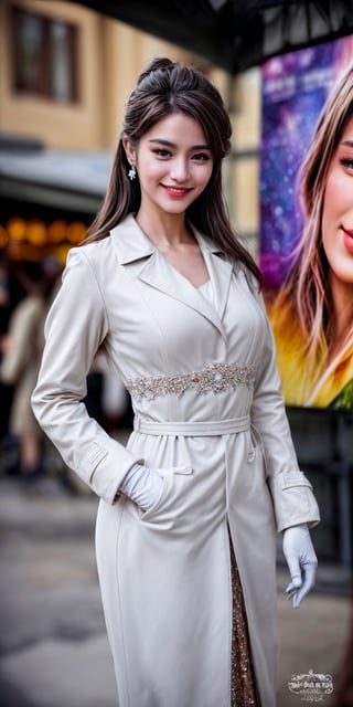 Extremely Realistic,Movie Poster, creates a masterpiece, UHD, 8K, highly detailed, intense and vibrant colors, chromatic aberration, epic volumetric light, magical aura, warm light, a very beautiful and sensual woman dressed in an elegant white dress in the style of the movie "Breakfast at diamonds", very long white trench coat, white vinyl gloves, ((casual outfit)), perfect body with ideal proportions, perfect eyes with very long eyelashes, juicy lips, perfect and bright smile, sharp focus, bokeh, professional photography, photography taken with a professional digital SLR camera with 35mm lens, classic and elegant style, sensual makeup