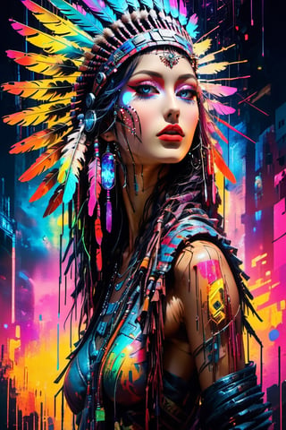 Please create a masterpiece,  stunning beauty,  perfect face, epic love,  Slave to the machine,  full-body,  hyper-realistic oil painting,  vibrant colors,  Body horror,  wires, native american war bonnet,  cyberpunk, neon, dystopic, epic light, perfect composition, multiple colours dripping paint, oil paint, sharp focus, intricate, bokeh, UHD, 8K