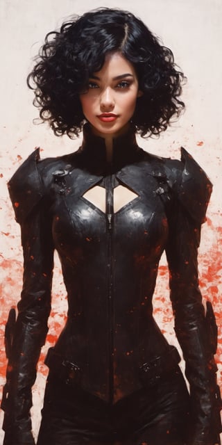 (by Loish, Leyendecker, james gilleard),  A full body shot of a young goth woman, short black curly hair, slightly smiling, one raised eyebrow, wearing a black metal cyborg suit , red lips, dark eye makeup, dark future battlefield background, ,heavy_jacket,Fire Angel Mecha,ink ,Movie Poster