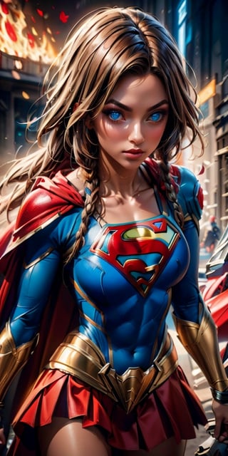 (stunning masterpiece, 8k, raw, (ultra realistic), colorful, eyes, dynamic angle, highest detailed) ,(Supergirl:1.4), 20yo, surprised look, (torned clothes:1.7, ripped clothes:1.7), cowboy shot, yellow blonde hair, studio fashion long hair, ((punk haircut with braids)), perfect eyes, sensual makeup, detailed Supergirl suit, ((scarlet_red skirt:1.4)),  ((high-tech armored armor)), (high resolution textures), dynamic pose, (long long cape), (intricate details, hyperdetailed:1.15), detailed, (fantasy background), (official art, extreme detailed, highest detailed), HDR+, 8K, sharp focus, intricate, bokeh, beautiful volumetric lighting, epic light, intense and vibrant colors, chromatic aberration, powerful aura, intense and penetrating gaze, very marked and well-defined features, perfect body with ideal proportions, in midair overlooking downtown, ,photorealistic,girl,,huoshen,zhurongshi,fire,retroartstyle,portrait,nodf_lora,Futuristic room,Illustration