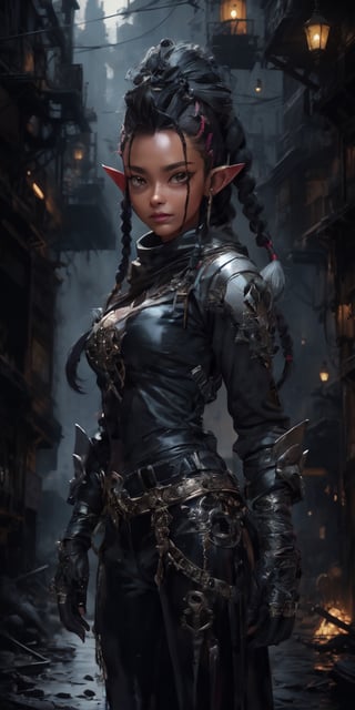 zelda, sexy and beautiful, super long black hair, (punk haircut with mohawk and braids), pointy ears, blue shirt, long sleeves, fingerless gloves, black gloves, black pants, tight pants, (hip hop outfit), blue nails, looking at the camera smile, blushing, UHD, 8K, highly detailed masterpiece, beautiful volumetric lighting, powerful aura, foggy environment, fog, epic light, intricate, sharp focus, bokeh, rich colors, vibrant colors, chromatic aberration, pop culture art, neonpunk, horror, sci-fi, Black,line,photorealistic,oil painting