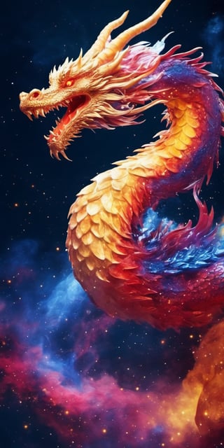 ((full body)), a bright metal chinesse dragon of living nebulae, its body a swirling mass of gases and dust, lit from within by the light of newborn stars. It moves with a slow, deliberate grace through a dense nebula, its form constantly shifting and changing as it absorbs and emits the energies of the cosmic cloud around it, ink ,skll, UHD, 8K, highly detailed masterpiece, chromatic aberration, intense colors, vibrant colors, sharp focus, bokeh, intricate, epic light, perfect volumetric lighting,style,retro ink,Movie Poster,MoviePosterAF