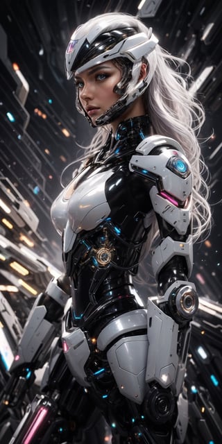 Best picture quality, high resolution, 8k, realistic, sharp focus, realistic image of elegant lady, supermodel, pure white hair, blue eyes, wearing high-tech cyberpunk suit, radiant Glow, sparkling suit, mecha, perfectly customized high-tech suit, ice theme, custom design, 1 girl,mecha,photorealistic,cyborg_girl, beautiful volumetric lighting, epic light, intense and vibrant colors, chromatic aberration