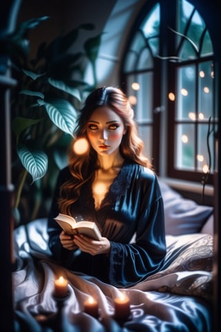 Cinematic, intricately detailed image of a beautiful woman reading a book in bed wearing silk night gown, UHD, 8k, sharp focus, intrincate, Epic light, flawless, flowy hair,  detailed features,  relaxed pose, cute bedroom, yulia brodskaya style room with lots of house plants, natural filted light through the window, gothic style,huayu,more detail XL,fire element, Magic, 16mm film, bokeh