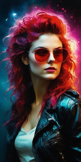 Half body, one beautiful and sexy girl ((22 years)), wearing red sunglasses, 8k resolution photorealistic masterpiece, intricately detailed fluid painting, by Jean Baptiste Monge, acrylic: colorful watercolor art, cinematic lighting, maximalist photoillustration, very long hair, punk haircut with mohawk, sensual makeup, 8k resolution concept art intricately detailed, complex, elegant, expansive, fantastical, psychedelic realism, greg rutkowski, UHD, sharp focus, bokeh, intricate, intense colors, vibrant colors, chromatic aberration, beautiful volumetric lighting, epic light, urban art masterpiece, neonpunk, detailmaster2, photo r3al, dreamwave,retro ink,ink ,style
