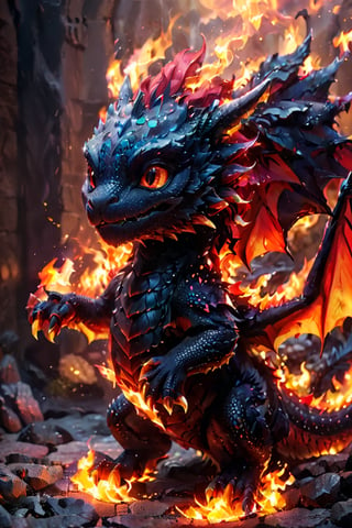 baby red and black dragon, cute and adorable, cinematic background, vibrant colors, chromatic aberration, very intense colors, sharp focus, intricate, epic light, beautiful volumetric lighting, perfect body with ideal proportions, UHD, 8K, 3D rendering, detailed scales, adorable face and expression, sparkling eyes, fluffy wings, playful pose, magical atmosphere, realistic textures, professional artwork, fantasy art style, mystical lighting, captivating composition, epic fantasy scene,more detail XL,Clear Glass Skin,fire that looks like...,oil painting